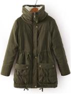 Romwe Stand Collar Drawstring Pockets Army Green Coat