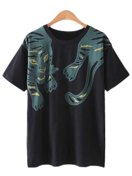 Romwe Black Short Sleeve Split Side Tiger Print T-shirt