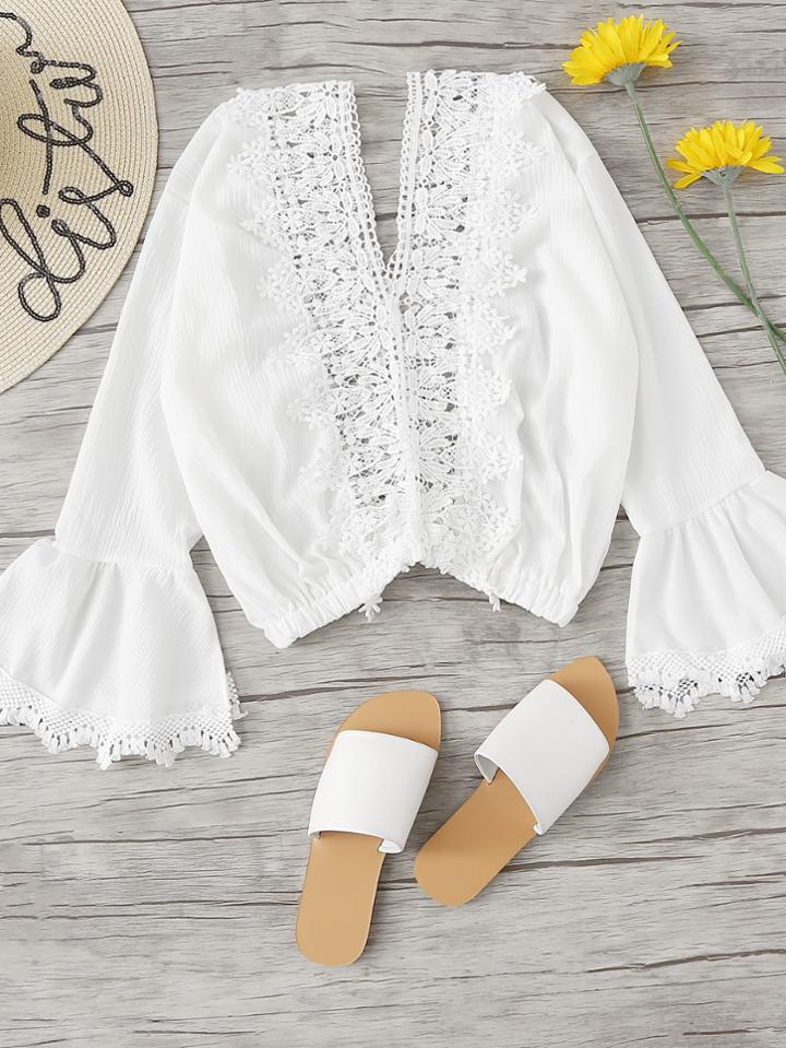 Romwe Lace Panel Fluted Sleeve Top