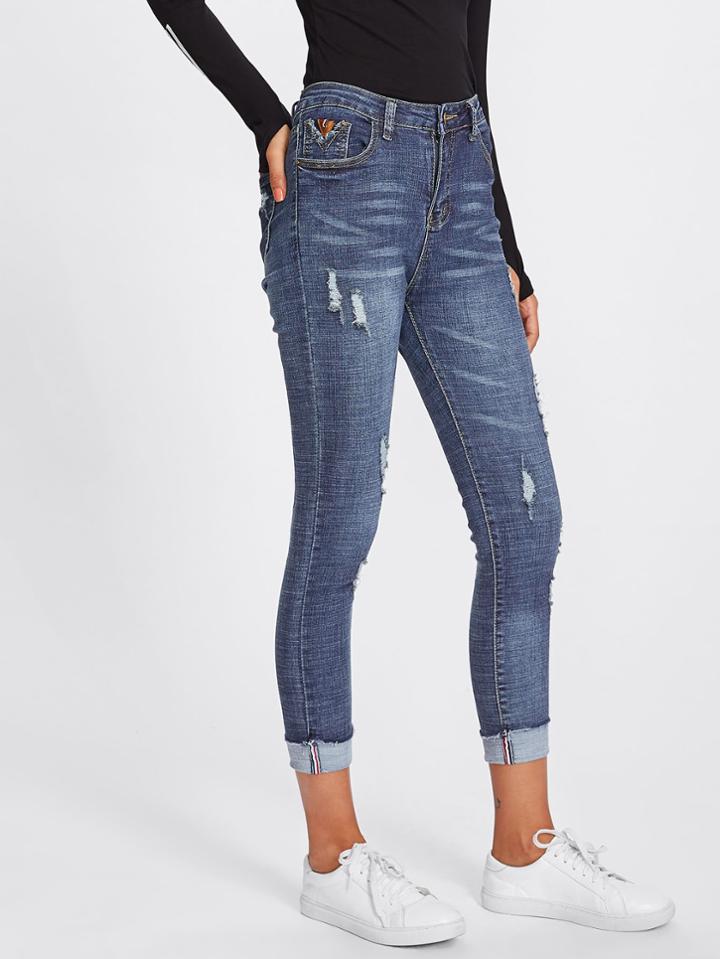 Romwe Roll Up Hem Ripped Jeans