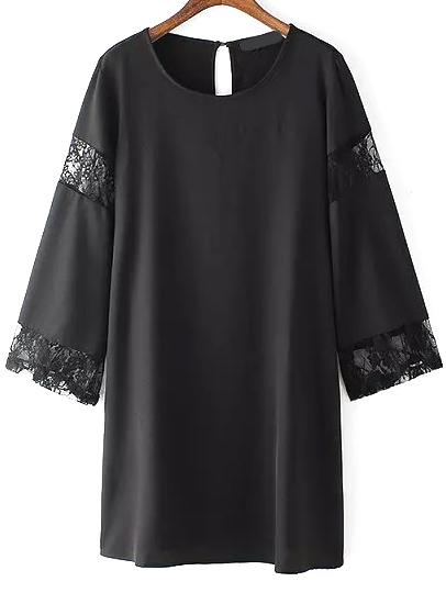 Romwe Bell Sleeve Lace Insert A-line Black Dress