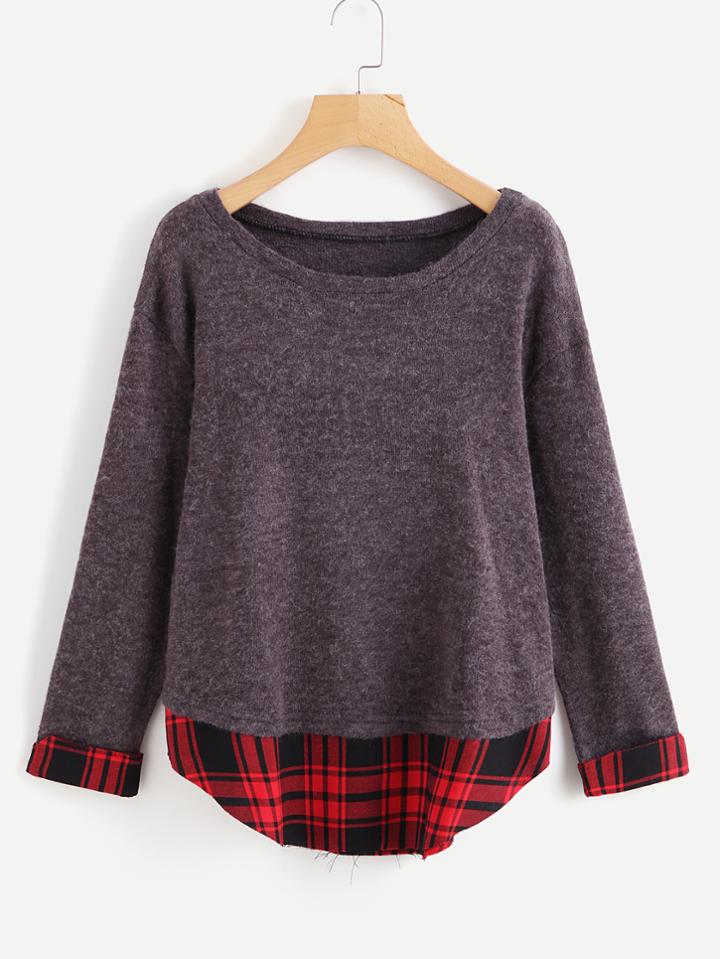 Romwe Contrast Tartan Hem 2 In 1 Jumper