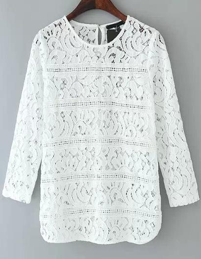 Romwe White Long Sleeve Hollow Lace Loose Blouse