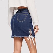 Romwe Eyelet Lace Up Raw Hem Denim Skirt