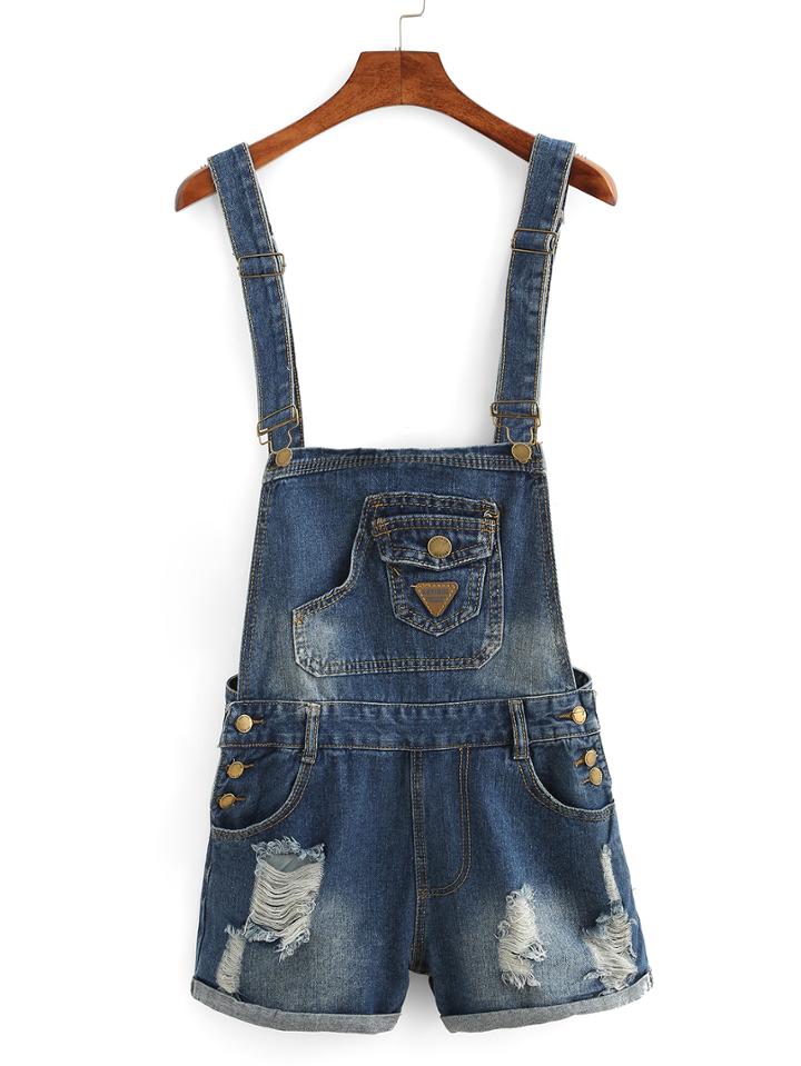 Romwe Frayed Denim Overall Shorts