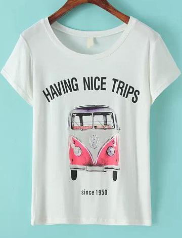 Romwe White Short Sleeve Bus Print T-shirt