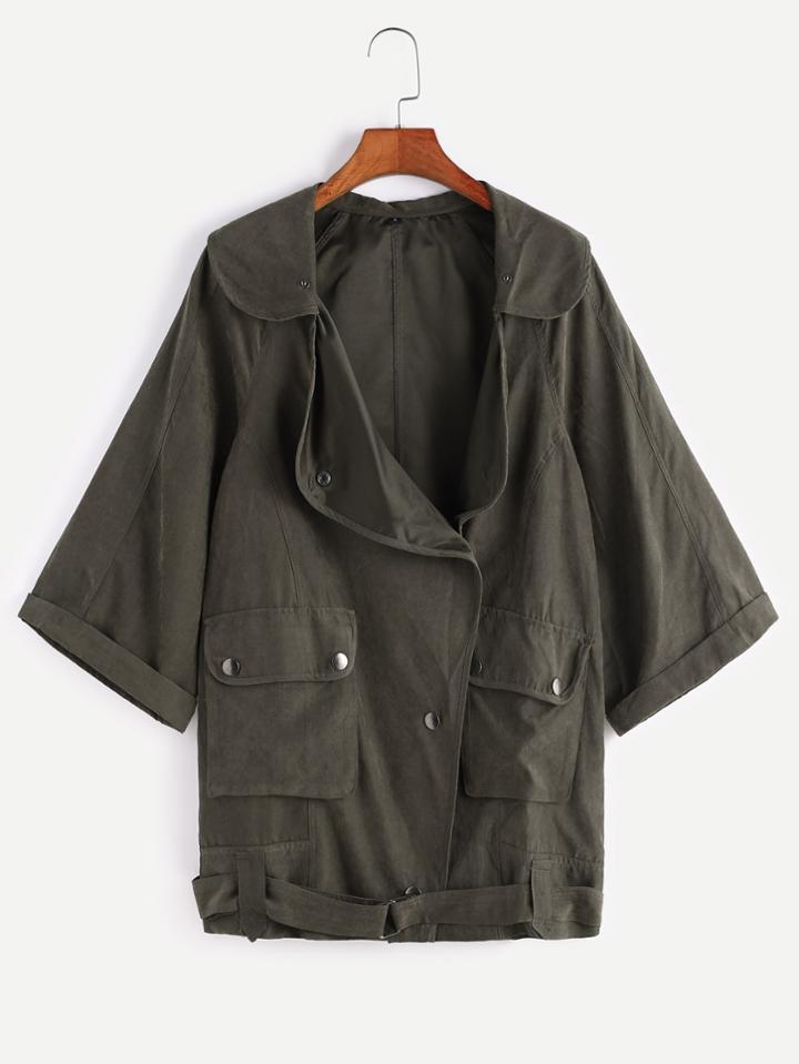 Romwe Olive Green Asymmetric Button Front Belted Hem Utility Coat