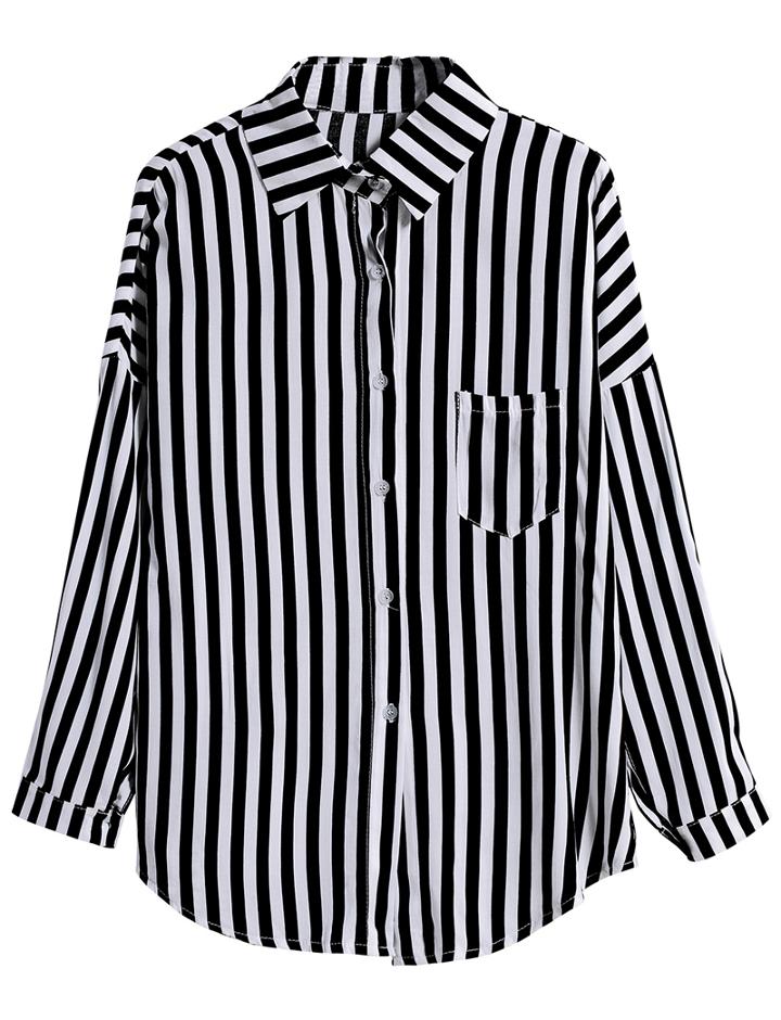 Romwe Vertical Stripe Pocket Black And White Blouse