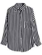 Romwe Vertical Stripe Pocket Black And White Blouse