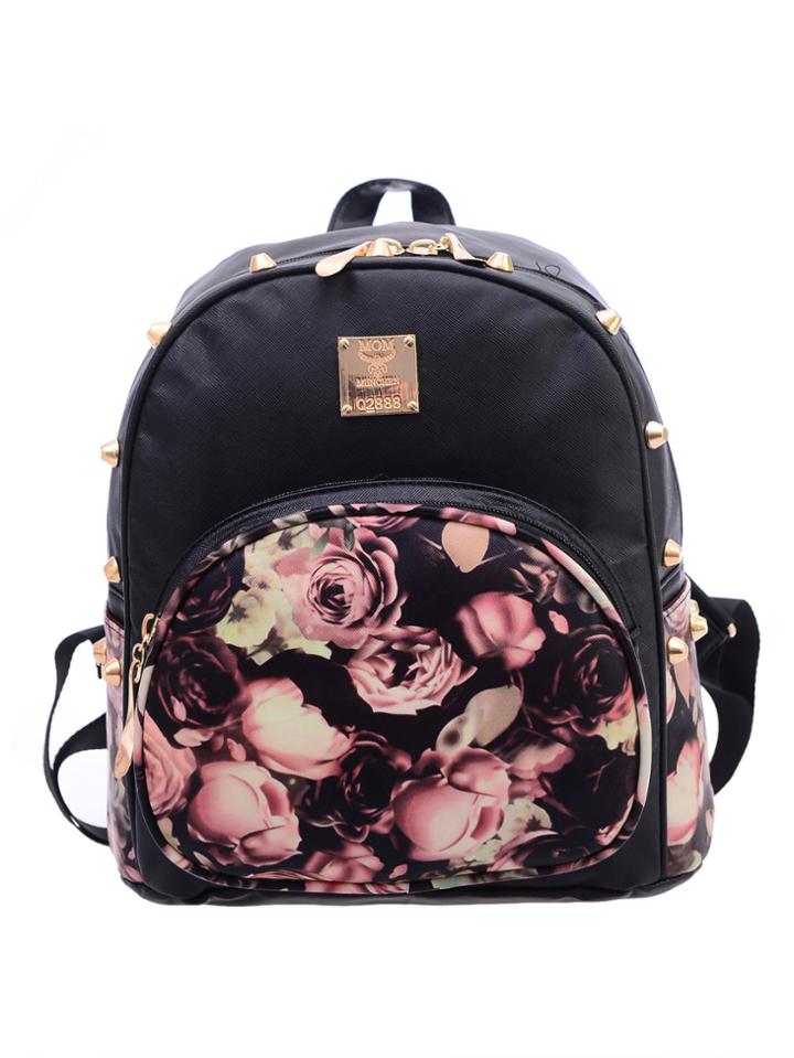 Romwe Vintage Rose Print Studded Backpack