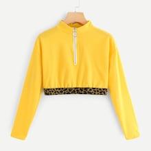 Romwe Leopard Panel Quarter Zip Crop Tee