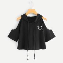 Romwe Open Shoulder Drawstring Hooded Tee