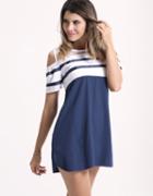 Romwe Cold Shoulder Striped Shift Dress