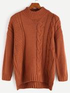 Romwe Khaki Crew Neck High Low Cable Knit Sweater