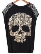 Romwe Lace Insert Skull Print T-shirt