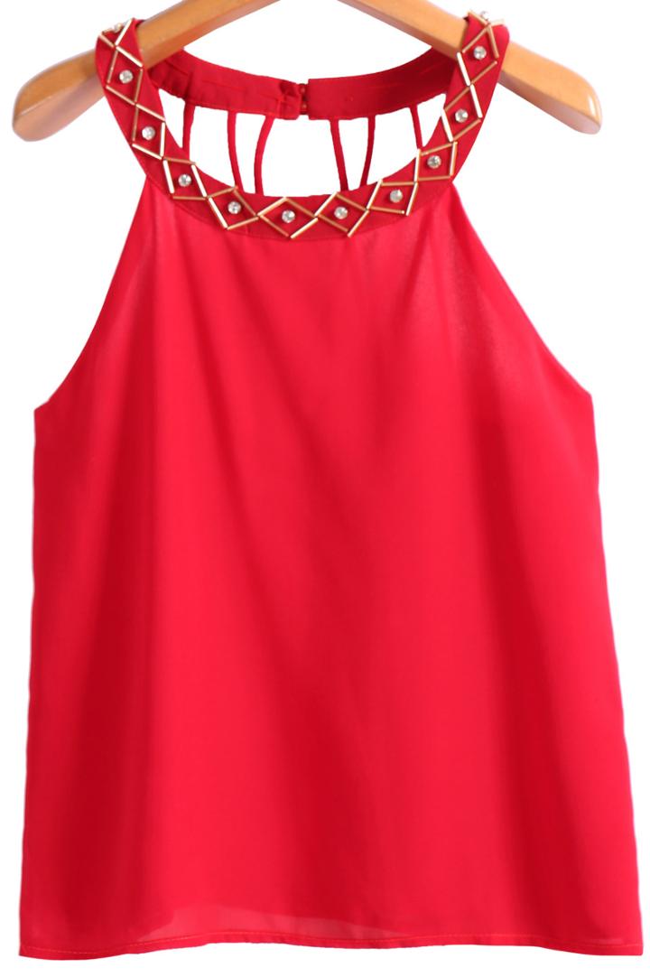 Romwe Bead Hollow Chiffon Red Vest