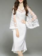 Romwe White V Neck Sheer Gauze Embroidered High Low Dress