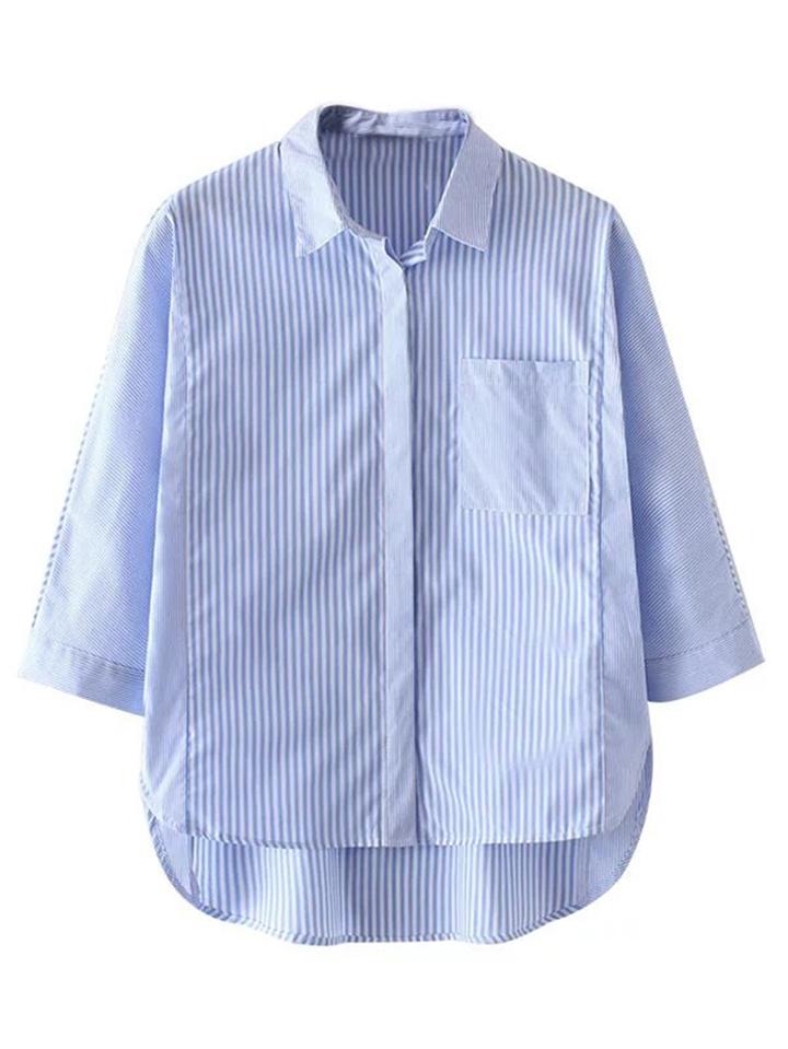 Romwe Vertical Striped Pocket High Low Blouse