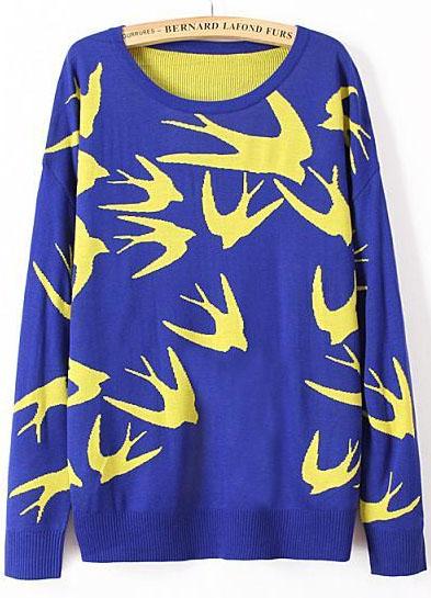 Romwe Swallow Print Blue Knit Sweater
