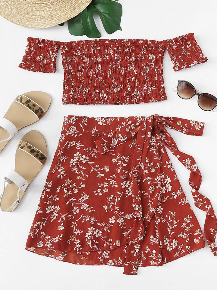 Romwe Floral Off The Shoulder Top With Skirt