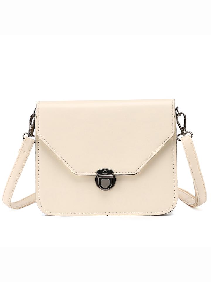 Romwe Faux Leather Push-lock Flap Bag - Beige