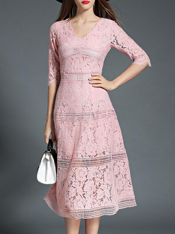 Romwe Pink V Neck Lace Mesh Dress