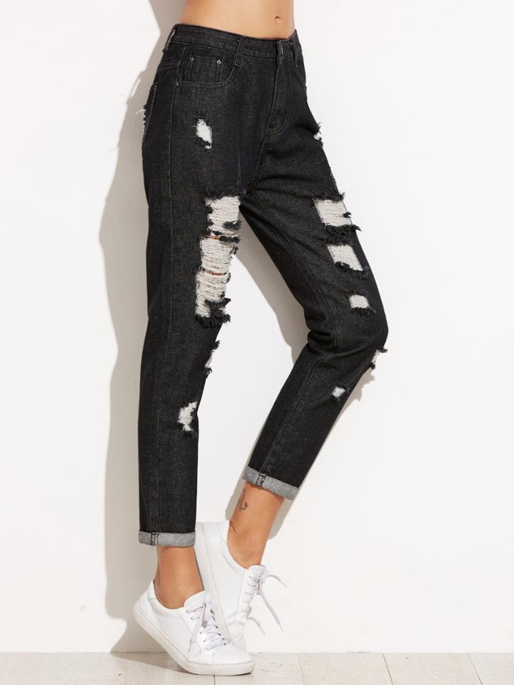Romwe Black Ripped Rolled Hem Jeans