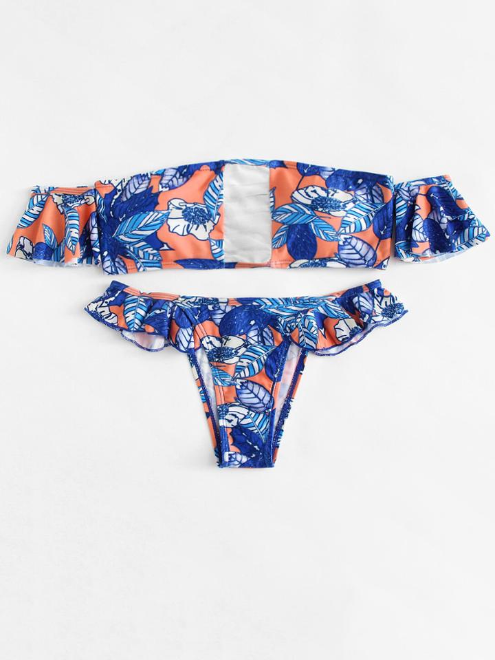 Romwe Leaf Print Off The Shoulder Bikini Set