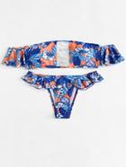 Romwe Leaf Print Off The Shoulder Bikini Set