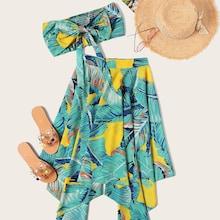 Romwe Bow Front Bandeau Top & Leaves Print Skirt