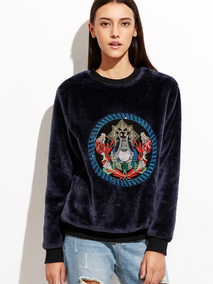 Romwe Navy Velvet Sweatshirt With Embroidered Detail