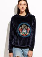 Romwe Navy Velvet Sweatshirt With Embroidered Detail