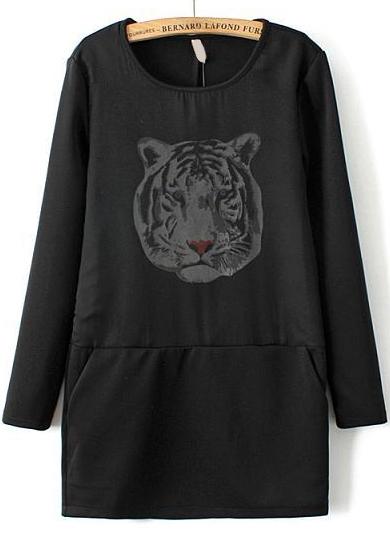 Romwe Tiger Head Print Pockets Loose Dress
