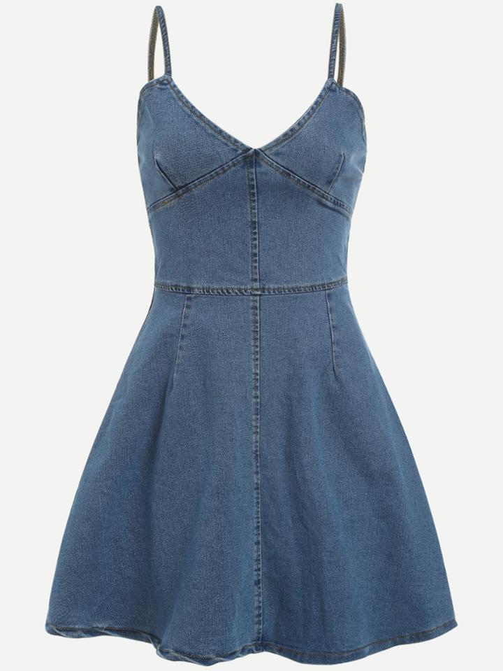 Romwe Blue V Neck Zip Back Denim Cami Dress