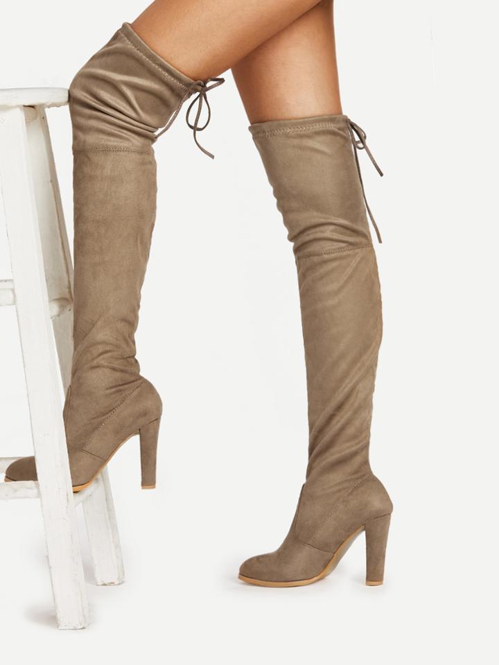 Romwe Lace Up Detail Block Heeled Suede Boots