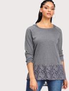 Romwe Floral Lace Panel Marled Hooded Tee