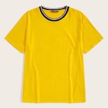 Romwe Guys Striped Neck Short Sleeve Top