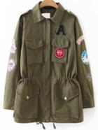 Romwe Army Green Drawstring Detail Patch Coat With Pockets
