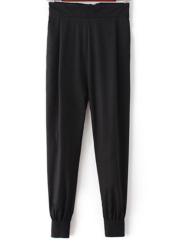 Romwe Black Elastic Waist Zipper Side Pockets Pants