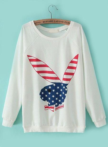 Romwe Rabbit Print Loose White Sweatshirt