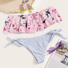 Romwe Random Floral Flounce Bardot Top With Tie Side Bikini