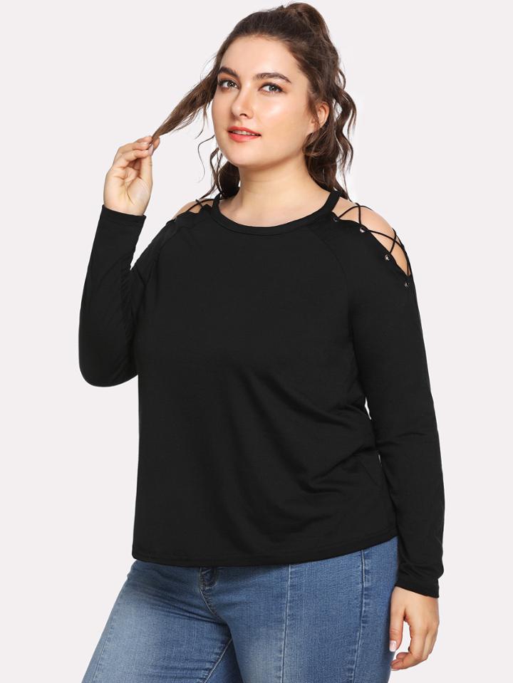 Romwe Crisscross Cold Shoulder T-shirt