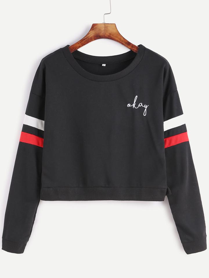 Romwe Black Varsity Striped Embroidered Crop Sweatshirt