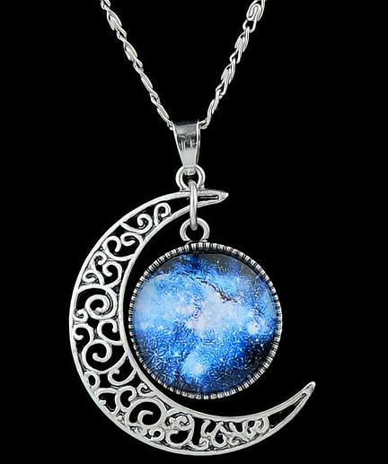 Romwe Blue Gemstone Silver Hollow Moon Necklace