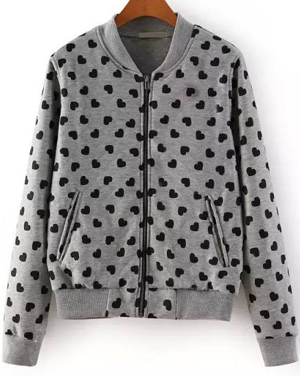 Romwe Hearts Print Crop Grey Jacket