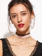 Romwe Pink Two Tone Velvet Lace Faux Pearl Choker Necklace