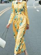 Romwe Yellow Lapel Long Sleeve Tie-waist Pockets Print Maxi Dress