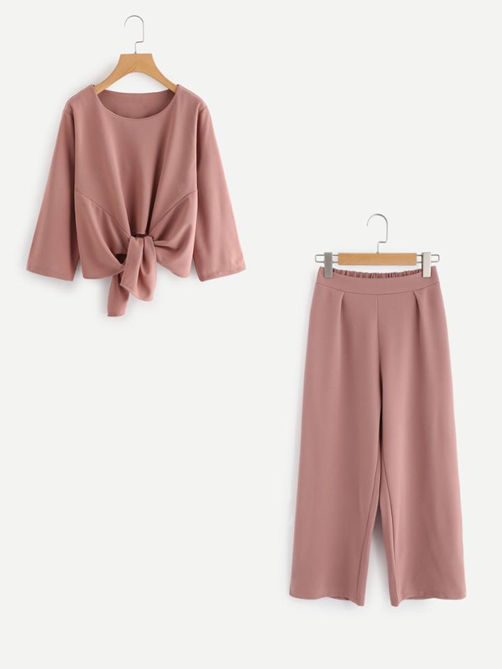 Romwe Knot Front Top With Pants Set