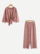 Romwe Knot Front Top With Pants Set