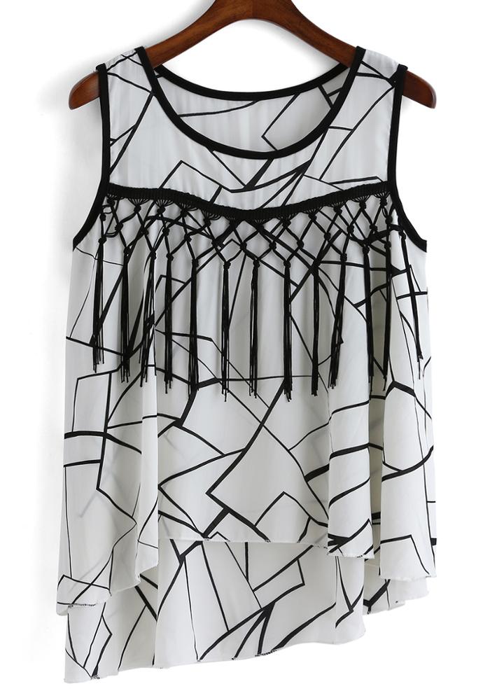 Romwe Dip Hem With Tassel Geometric Print White Tank Top